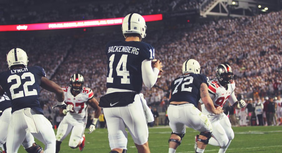 Christian Hackenberg drops pack to pass last season vs. Ohio State.