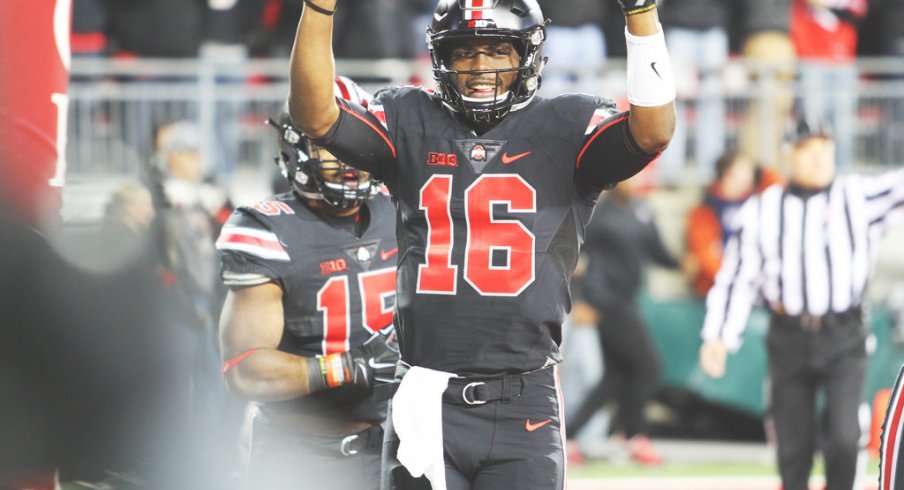 J.T. Barrett celebrates a touchdown.