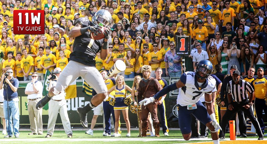 17 OCT 2015: Baylor Bears wide receiver Corey Coleman (1) scores a touchdown over West Virginia Mountaineers cornerback Daryl Worley (7) during the game between the Baylor Bears and the West Virginia Mountaineers at McLane Stadium in Waco, TX. (Photo by Matthew Pearce\Icon Sportswire)