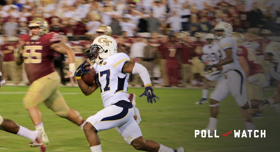 October 24, 2015: Lance Austin (17) returns a missed field goal 78 yards to score a touchdown to put the Yellow Jackets ahead 22-16 with no time left on the clock during the game between the Florida State University Seminoles and the Georgia Tech Yellow Jackets at Bobby Dodd Stadium in Atlanta, GA. (Photo by David J. Griffin/Icon Sportswire)