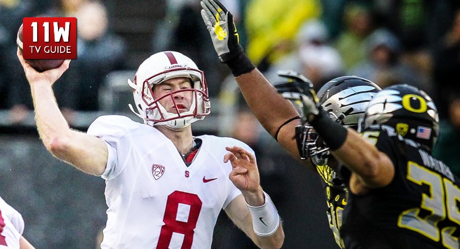 Nov. 1, 2014 : Stanford Cardinal quarterback Kevin Hogan (8) throws under pressure from the Oregon Ducks defense during the game between the Stanford Cardinal and the Oregon Ducks at Autzen Stadium in Eugene, Oregon.