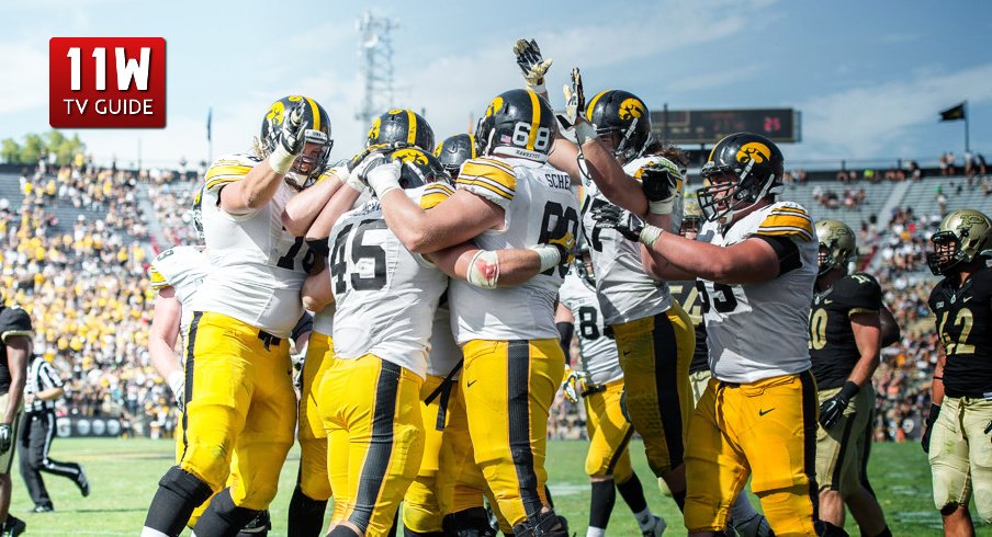 September 27, 2014: Iowa Hawkeyes offense celebrates a touchdown during a football game between the Purdue Boilermakers and Iowa Hawkeyes at Ross-Ade Stadium in West Lafayette, IN.