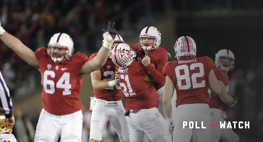 28 Nov 2015: Members of the Stanford special teams unit celebrate after K Conrad Ukropina (center) hits game winning FG as time expires in the Notre Dame Fighting Irish and Stanford Cardinal football game in Palo Alto, CA. Final score, Stanford 38, Notre Dame 36. (Photo by Larry Placido/Icon Sportswire)
