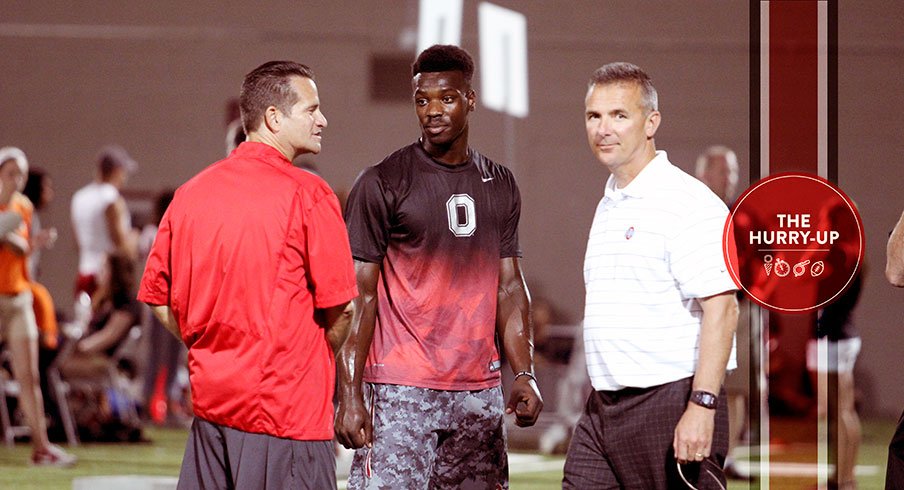 Tim Beck, Tristen Wallace and Urban Meyer at Ohio State in June.