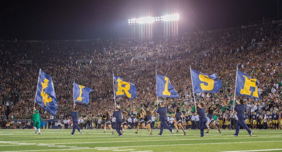 September 5, 2015: Notre Dame flags on the field after a touchdown during a game between the University of Texas Longhorns and the Notre Dame Fighting Irish at Notre Dame Stadium in South Bend, IN.