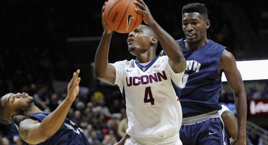 Sterling Gibbs scores against New Hampshire.