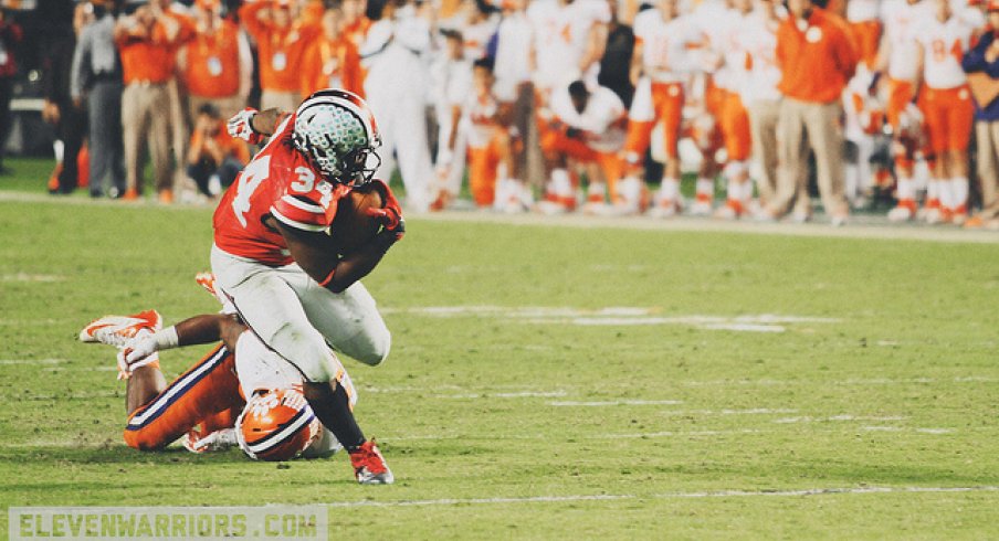 Carlos Hyde rumbling and stumbling to the endzone. 