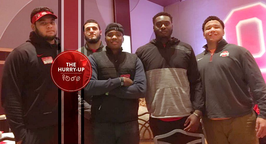 Dwayne Haskins, Jr. with four Ohio State freshmen lineman.