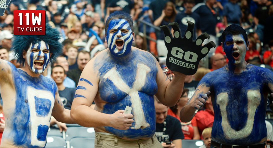 October 19, 2013: BYU fans cheer during the BYU Cougars game versus the Houston Cougars at Reliant Stadium in Houston, TX. Photographer: Robert Chambliss/Icon Sportswire