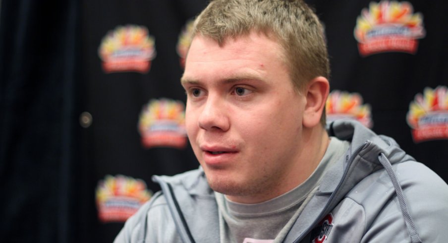 Pat Elflein meets with the media at the Fiesta Bowl