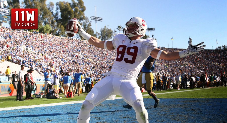 November 28, 2014: Stanford Cardinal wide receiver Devon Cajuste (89) celebrates after scoring a touchdown during the game against the UCLA Bruins at the Rose Bowl in Pasadena, CA.