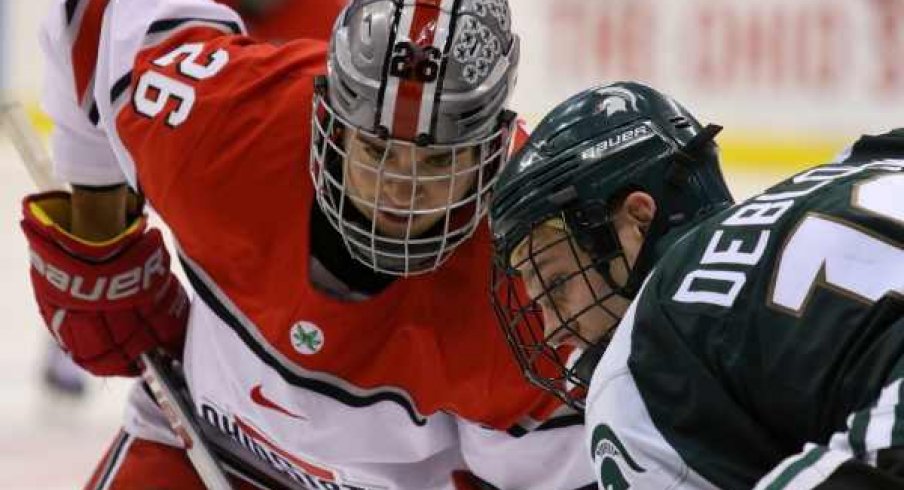 Ohio State's Mason Jobst squares off against Michigan State's Matt DeBlouw.