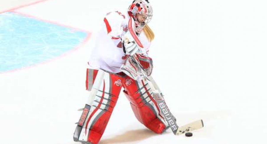 Ohio State goalie Stacy Danczak keeps her net clear.