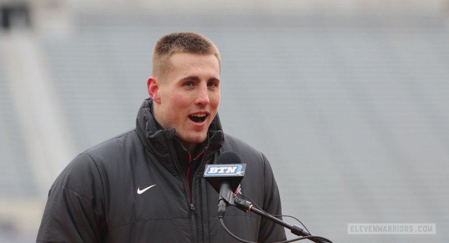 Former Ohio State tight end Jeff Heuerman speaking at the Buckeyes' national championship celebration in January, 2015.