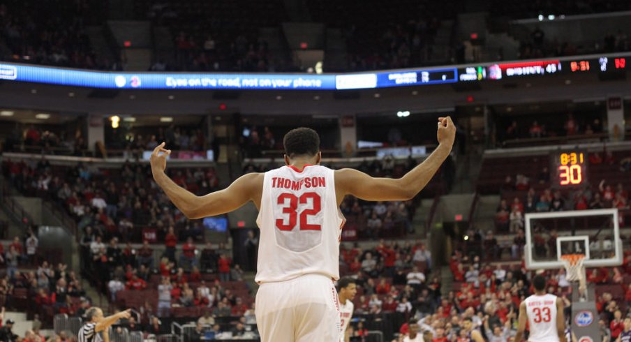 Trevor Thompson pumps up the crowd in Ohio State's win over Northwestern on Tuesday.