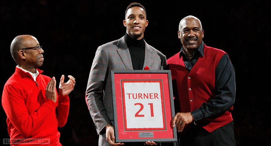 Evan Turner's No. 21 hangs from the Value City Arena rafters.