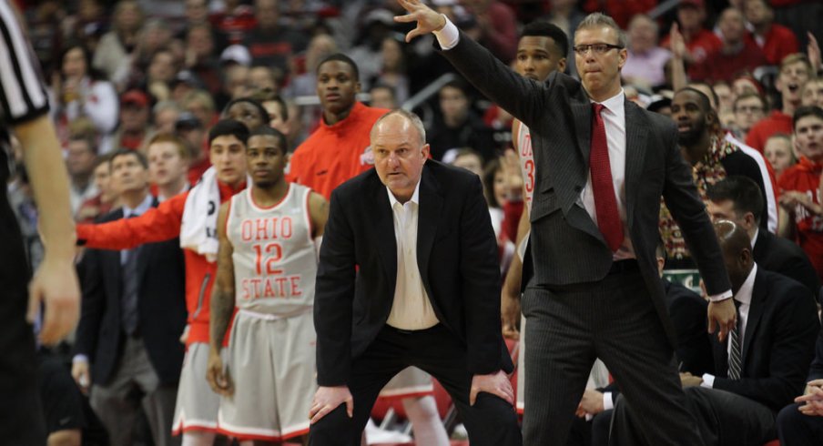Thad Matta and Jeff Boals look on from the Buckeye bench.