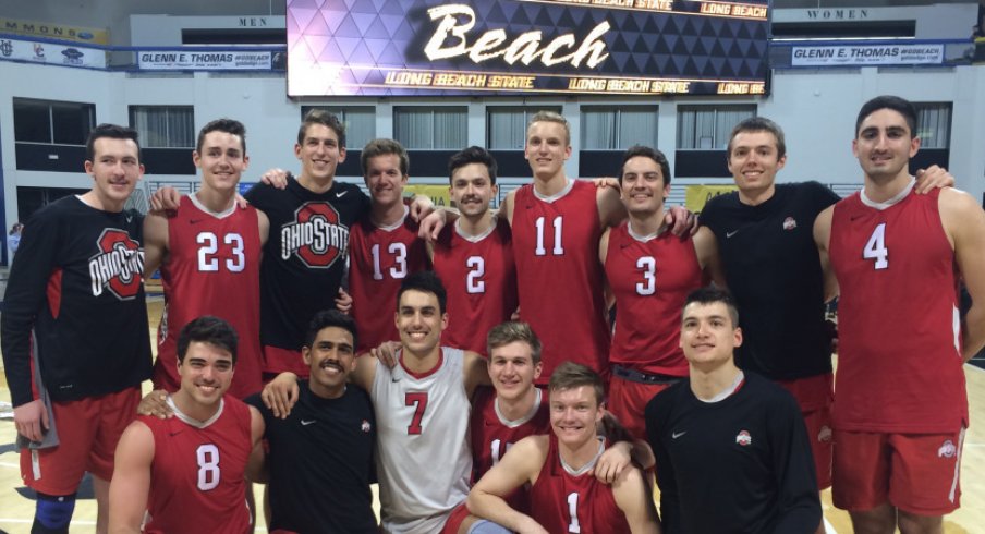 The men's volleyball team celebrates a huge win over No. 1 Long Beach State