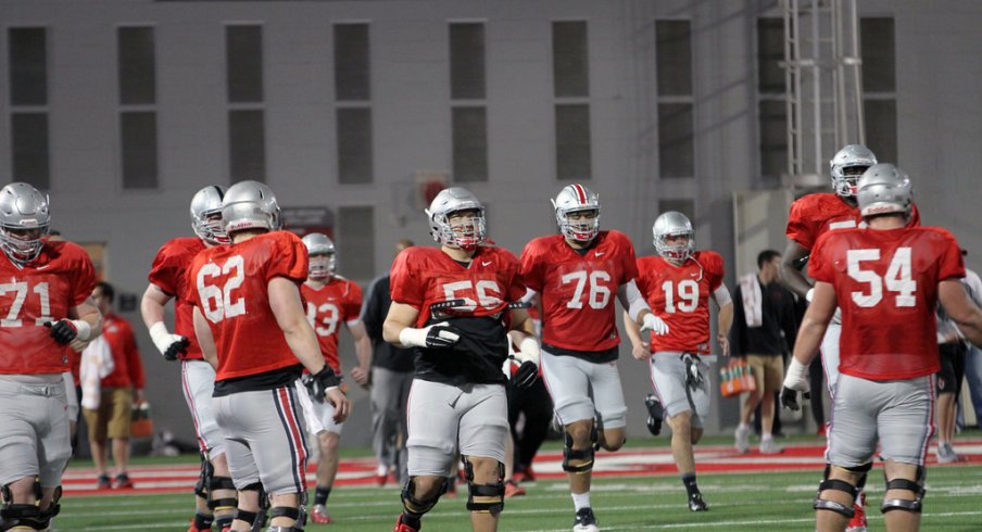 Ohio State's offensive line during Tuesday's spring practice.