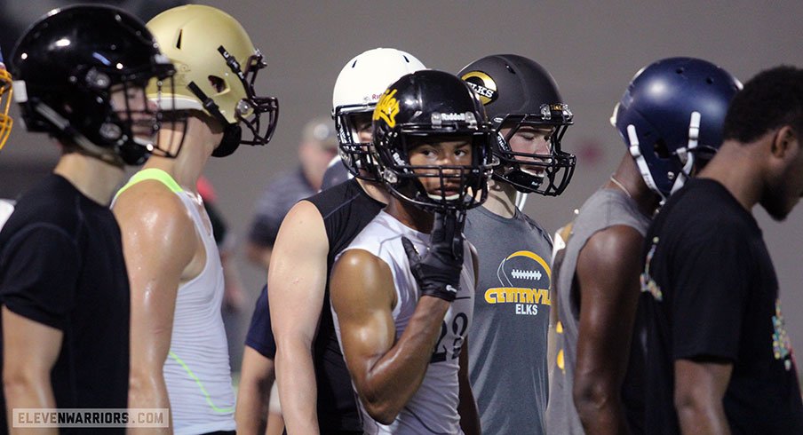 High school football players at one of Ohio State's position camps last summer.