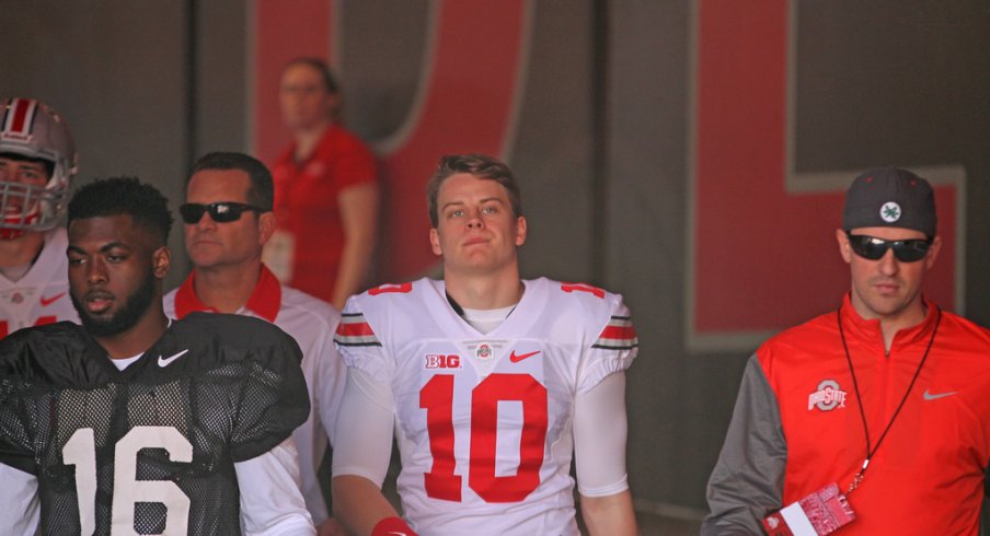 J.T. Barrett and Joe Burrow at Saturday's spring game.