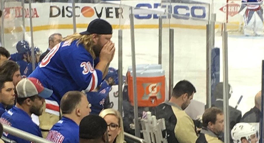 Nick Mangold seen screaming at Sidney Crosby at Tuesday night's New York Rangers–Pittsburgh Penguins Stanley Cup playoff game.