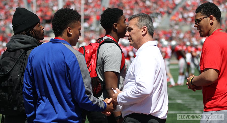 Kellen Mond and Urban Meyer at the Ohio State spring game.