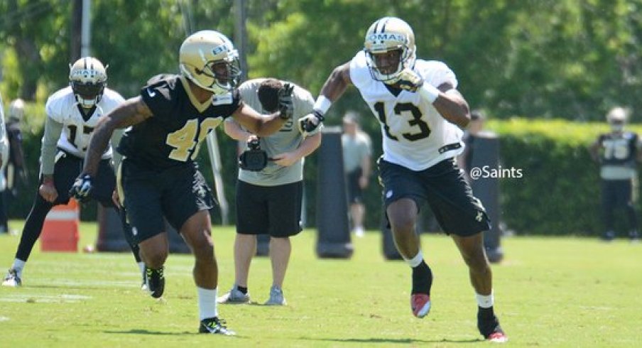 Michael Thomas and Vonn Bell go one-on-one in Saints rookie camp Saturday.