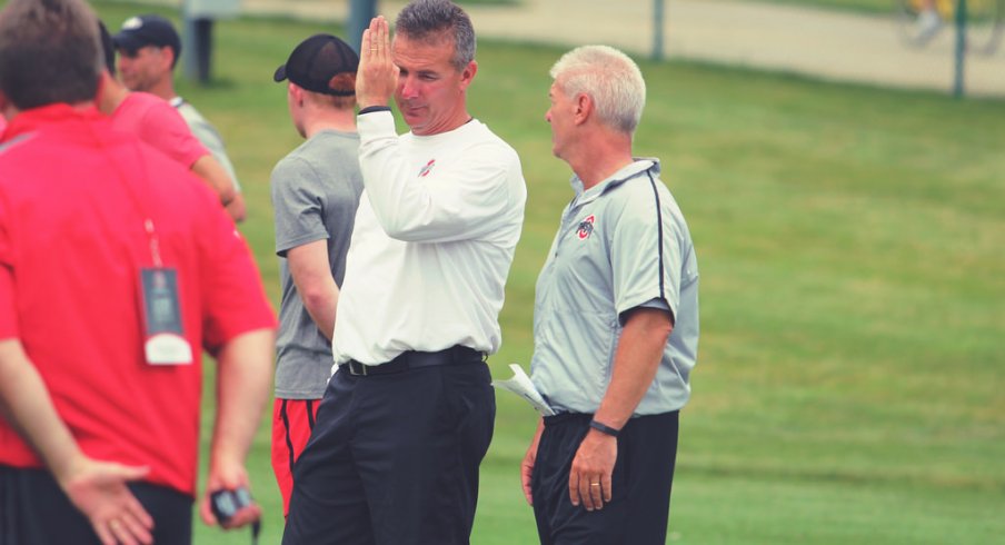 Urban Meyer, Kerry Coombs at an Ohio State camp last summer.