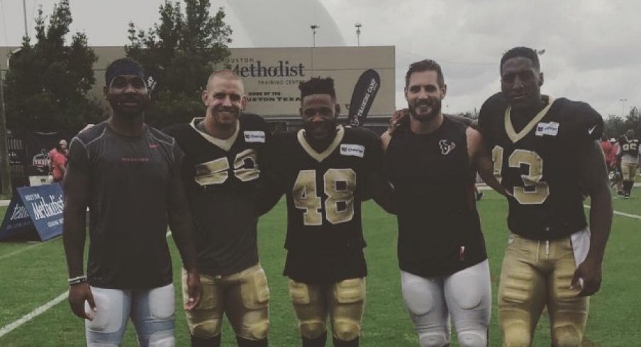 James Laurinaitis, Braxton Miller, Vonn Bell, John Simon and Mike Thomas Pose After Joint Saints–Texans Practice