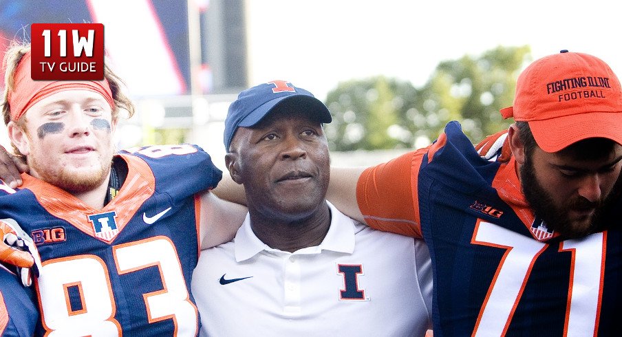 Sep 3, 2016; Champaign, IL, USA; Illinois Fighting Illini wide receiver Samuel Harlib (82) and Illinois Fighting Illini offensive lineman Joe Spencer (71) celebrate with head coach Lovie Smith after the game against the Murray State Racers at Memorial Stadium. Illinois defeated Murray State 52 to 3. Mandatory Credit: Mike Granse-USA TODAY Sports