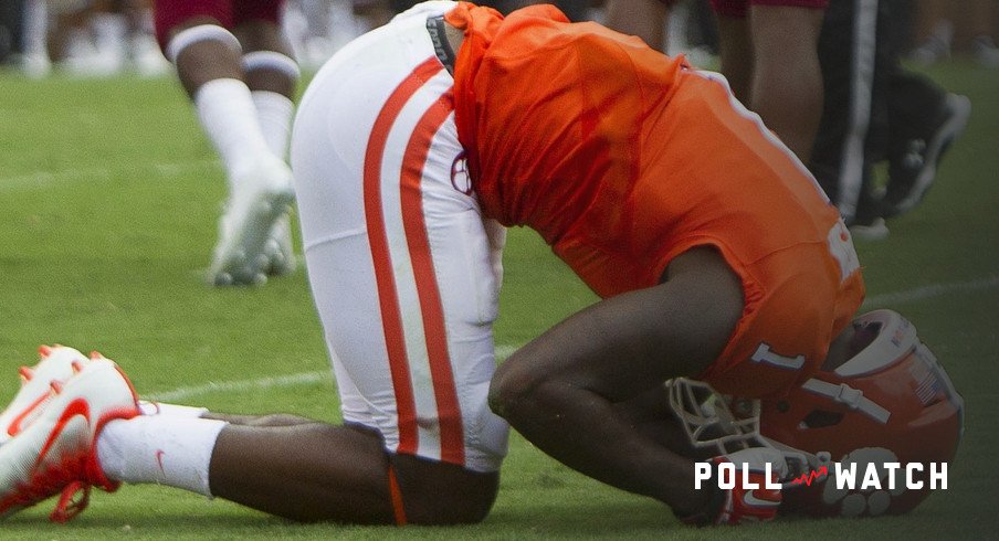 Sep 10, 2016; Clemson, SC, USA; Clemson Tigers wide receiver Trevion Thompson (1) reacts after being injured on the play during the second half against the Troy Trojans at Clemson Memorial Stadium. Mandatory Credit: Joshua S. Kelly-USA TODAY Sports