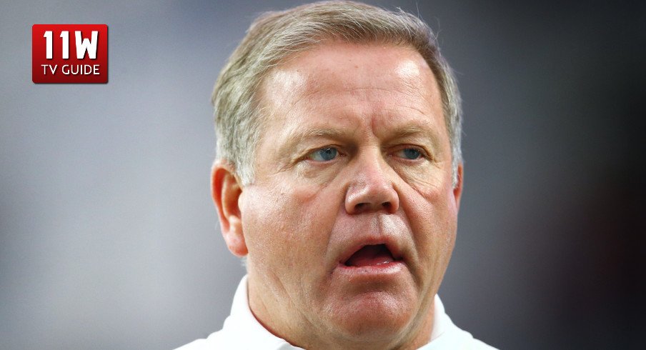 Jan 1, 2016; Glendale, AZ, USA; Notre Dame Fighting Irish head coach Brian Kelly against the Ohio State Buckeyes during the 2016 Fiesta Bowl at University of Phoenix Stadium. Mandatory Credit: Mark J. Rebilas-USA TODAY Sports