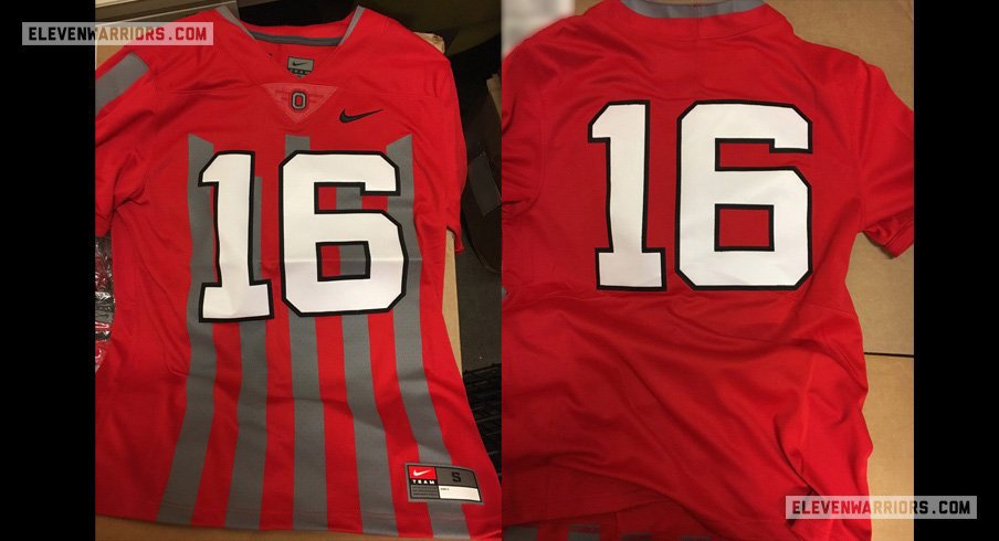 The retail version of the 1916 throwback uniforms Ohio State will wear against Nebraska.