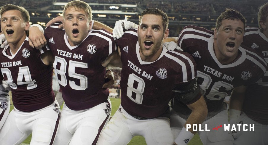 Oct 8, 2016; College Station, TX, USA; Texas A&M Aggies quarterback Trevor Knight (8) celebrates with his teammates after the win over the Tennessee Volunteers at Kyle Field. The Aggies defeated the Volunteers 45-38 in overtime. Mandatory Credit: Jerome Miron-USA TODAY Sports