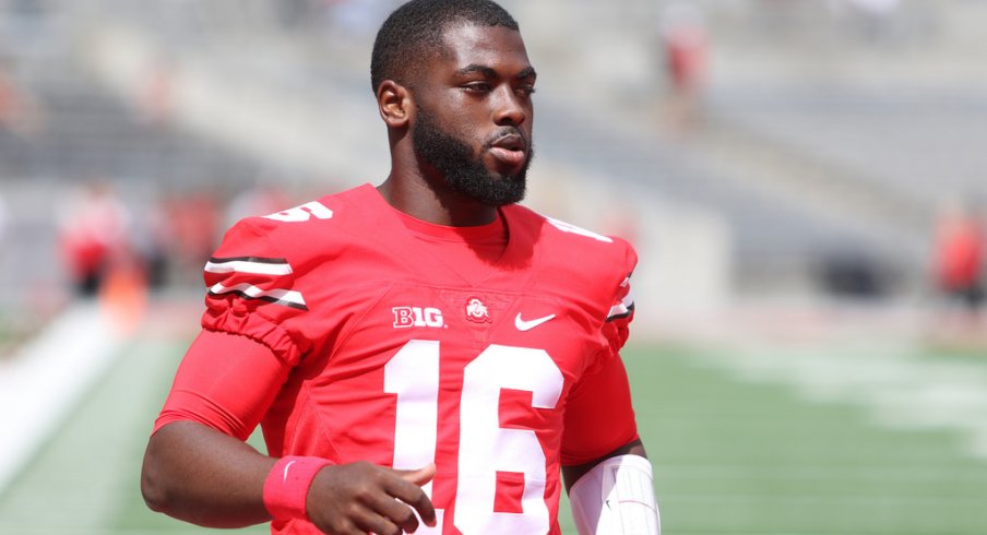 Ohio State quarterback J.T. Barrett warms up. 