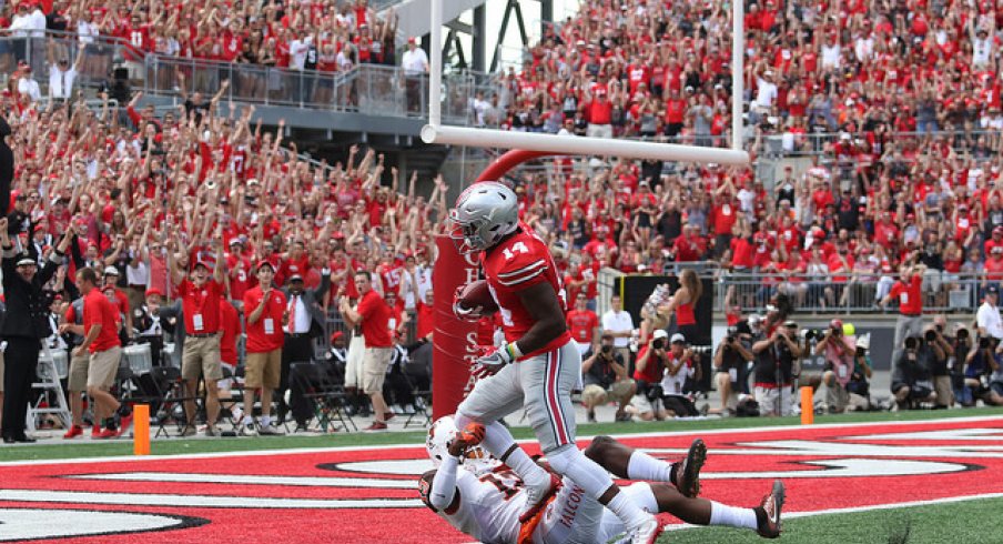 K.J. Hill flexes into the end zone against Bowling Green.