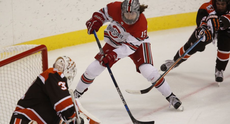Ohio State forward Freddy Gerard takes the puck to the net against Bowling Green.