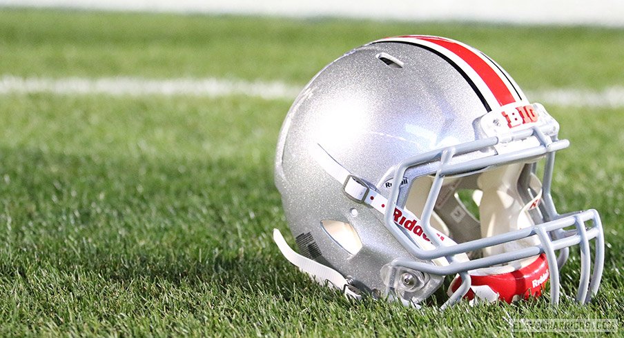 Ohio State helmet on the field at Penn State's Beaver Stadium.