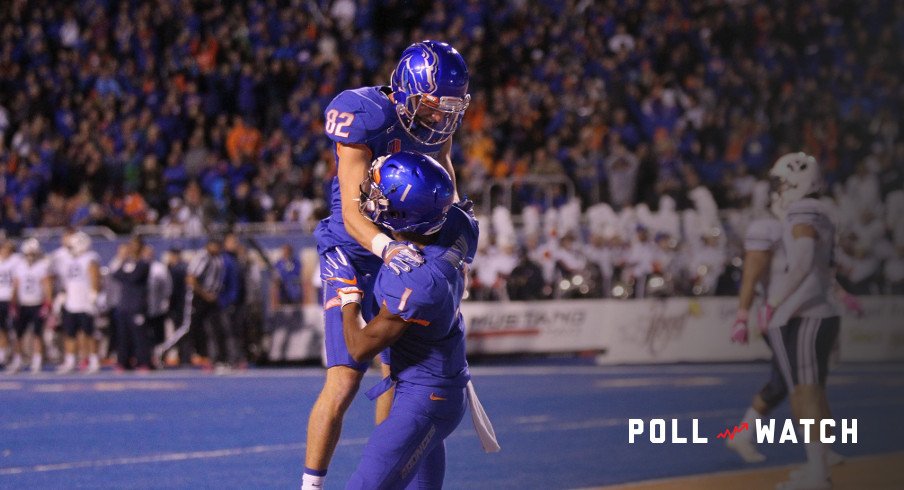 Oct 20, 2016; Boise, ID, USA; Boise State Broncos wide receiver Cedrick Wilson (1) and Boise State Broncos wide receiver Thomas Sperbeck (82) celebrate a touchdown during first half action against the Brigham Young Cougars at Albertsons Stadium. Mandatory Credit: Brian Losness-USA TODAY Sports