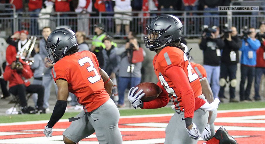 Malik Hooker returns an interception 48 yards for an Ohio State touchdown Saturday night against Nebraska.