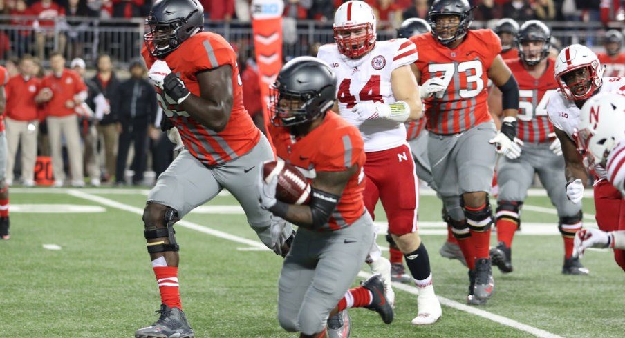 Mike Weber runs toward a first down against Nebraska.