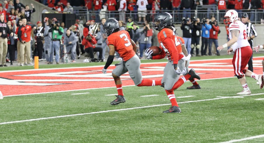 Malik Hooker returns an interception for a touchdown against Nebraska. 