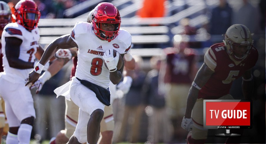 Nov 5, 2016; Boston, MA, USA; Louisville Cardinals quarterback Lamar Jackson (8) breaks free for a rushing touchdown during the third quarter against the Boston College Eagles at Alumni Stadium. The Louisville Cardinals won 52-7. Mandatory Credit: Greg M. Cooper-USA TODAY Sports