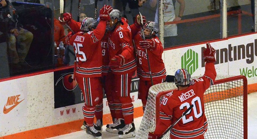 Ohio State men's hockey celebrates a goal against Rensselaer. 
