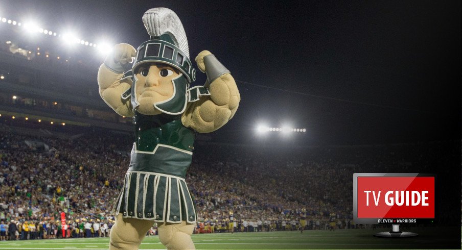 Sep 17, 2016; South Bend, IN, USA; Sparty, the Michigan State Spartans mascot celebrates in the third quarter against the Notre Dame Fighting Irish at Notre Dame Stadium. MSU won 36-28. Mandatory Credit: Matt Cashore-USA TODAY Sports