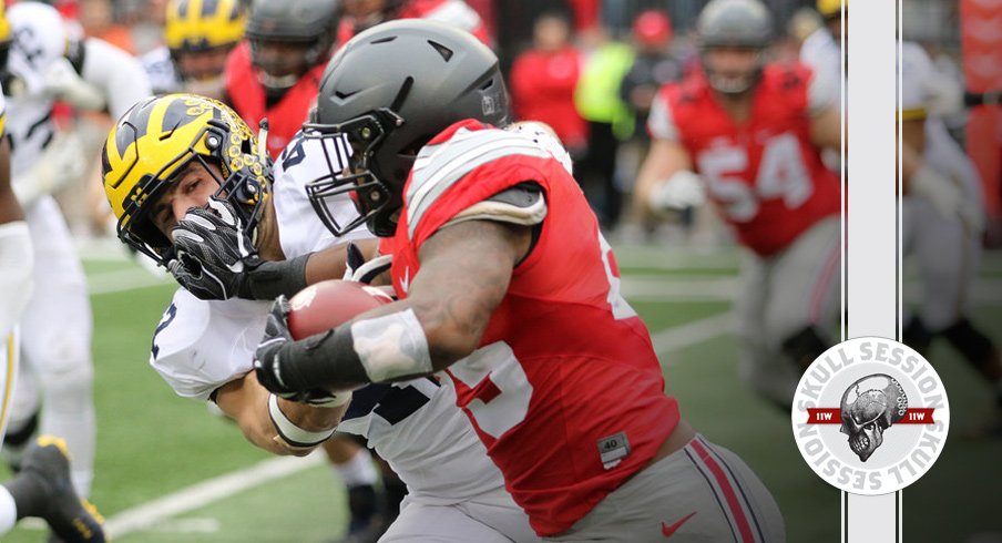 Mike Weber throws a stiff arm for the December 1st 2016 Skull Session.