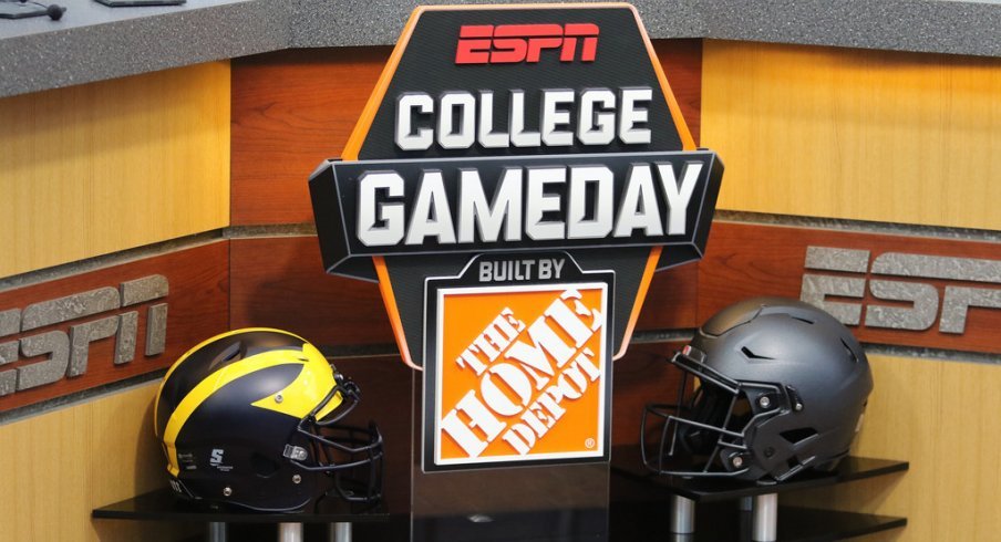 Michigan, Ohio State helmets on the College GameDay set. 