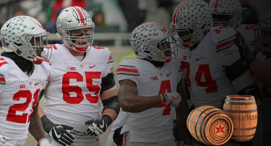 Curtis Samuel is congratulated by The Slobs for a touchdown in East Lansing