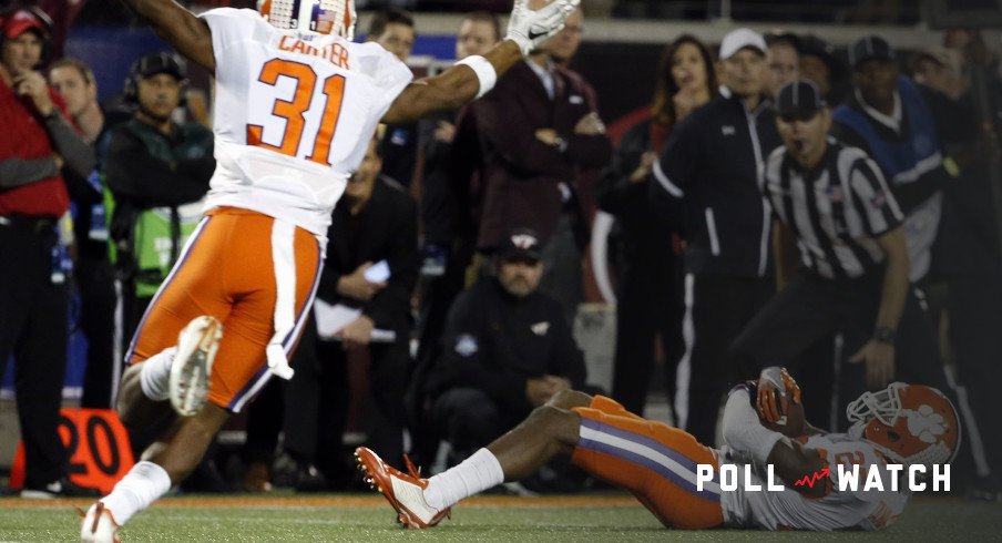 Dec 3, 2016; Orlando, FL, USA; Clemson Tigers cornerback Cordrea Tankersley (25) intercepted the ball as defensive back Ryan Carter (31) celebrates against the Virginia Tech Hokies during the second half of the ACC Championship college football game at Camping World Stadium. Clemson Tigers defeated the Virginia Tech Hokies 42-35. Mandatory Credit: Kim Klement-USA TODAY Sports